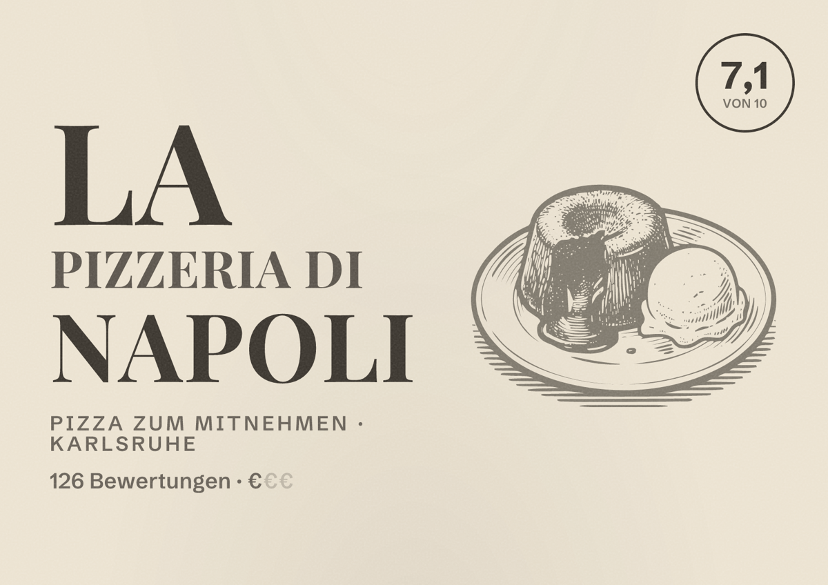 Illustriertes Poster von La Pizzeria di Napoli, Pizza zum Mitnehmen in Karlsruhe: Bewertung 7,1 von 10 aus 126 Bewertungen, Preisniveau €