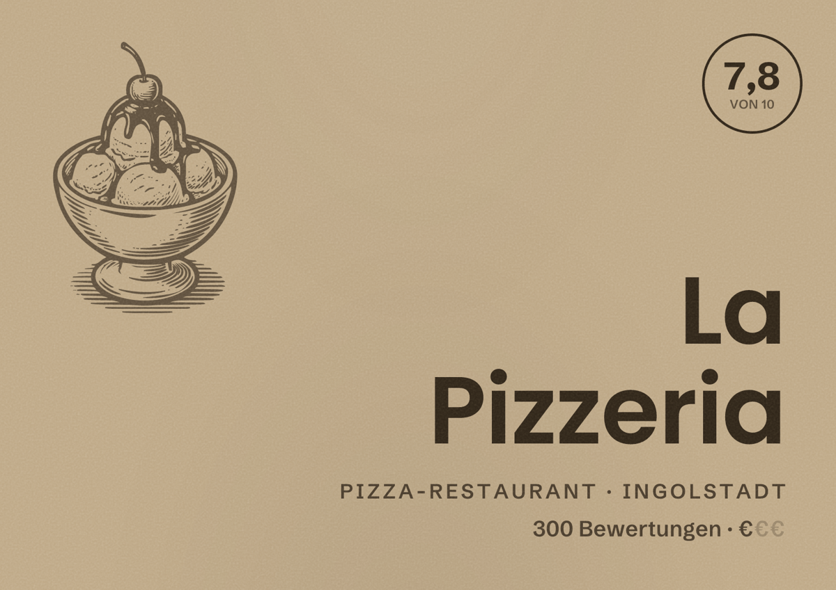 Illustriertes Poster von La Pizzeria, Pizza-Restaurant in Ingolstadt: Bewertung 7,8 von 10 aus 300 Bewertungen, Preisniveau €