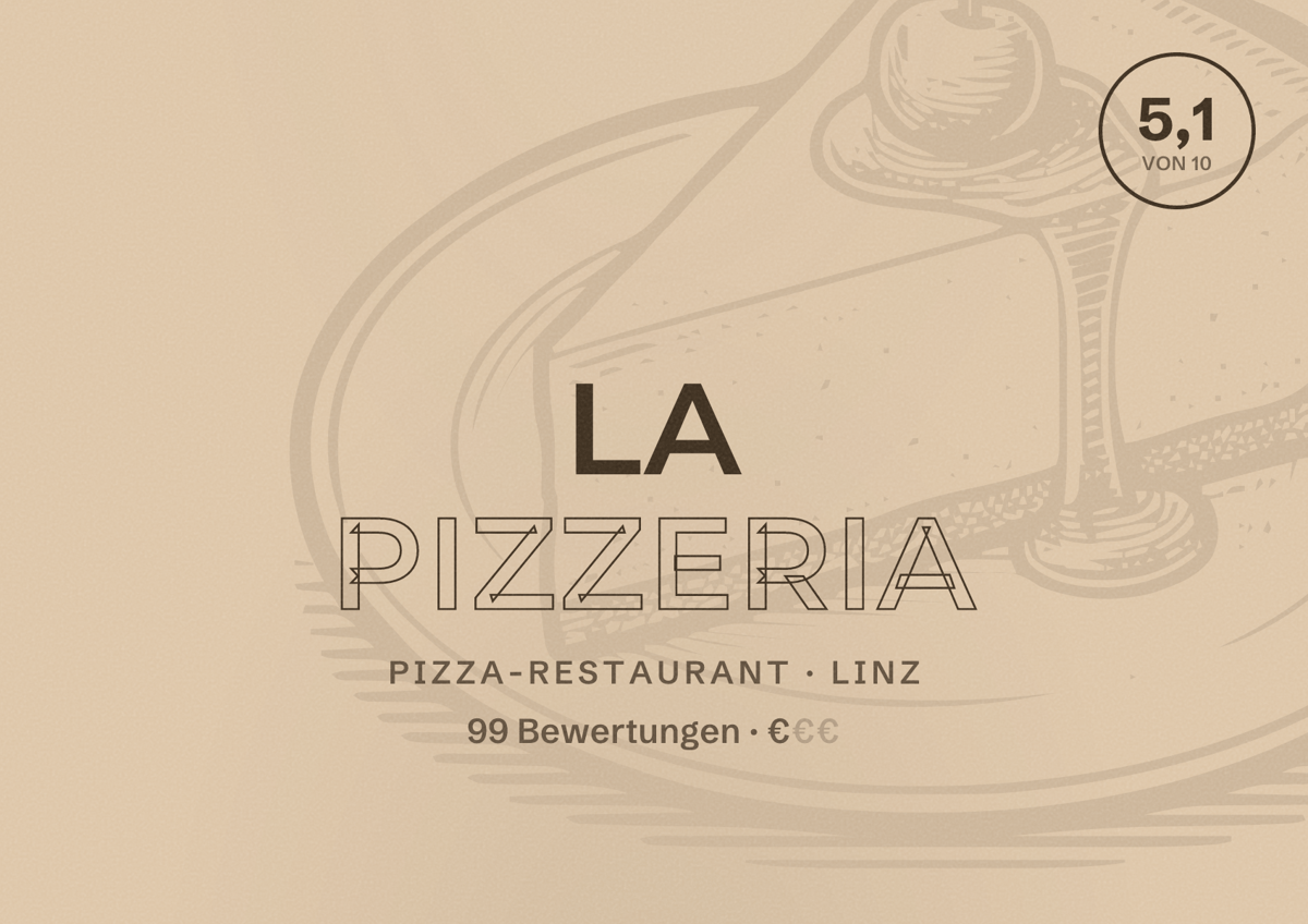 Illustriertes Poster von La Pizzeria, Pizza-Restaurant in Linz: Bewertung 5,1 von 10 aus 99 Bewertungen, Preisniveau €