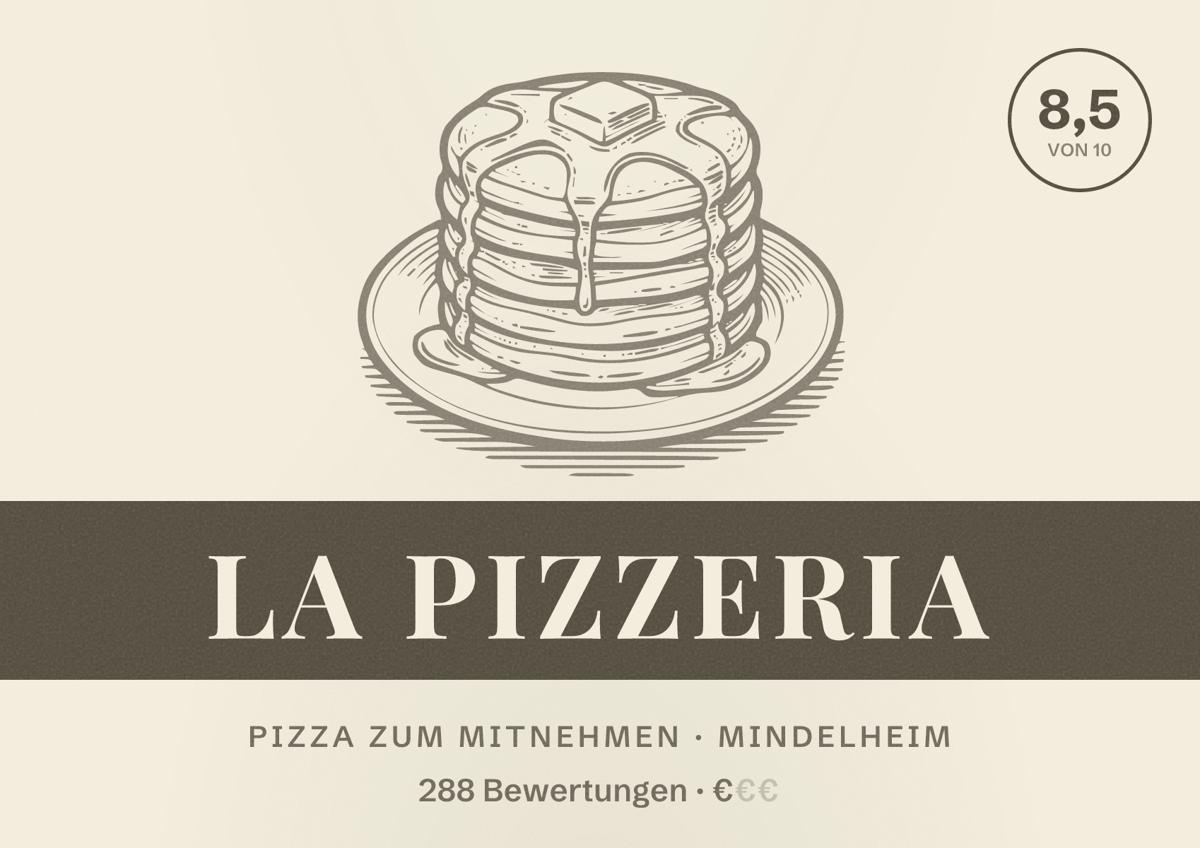 Illustriertes Poster von La Pizzeria, Pizza zum Mitnehmen in Mindelheim: Bewertung 8,5 von 10 aus 288 Bewertungen, Preisniveau €