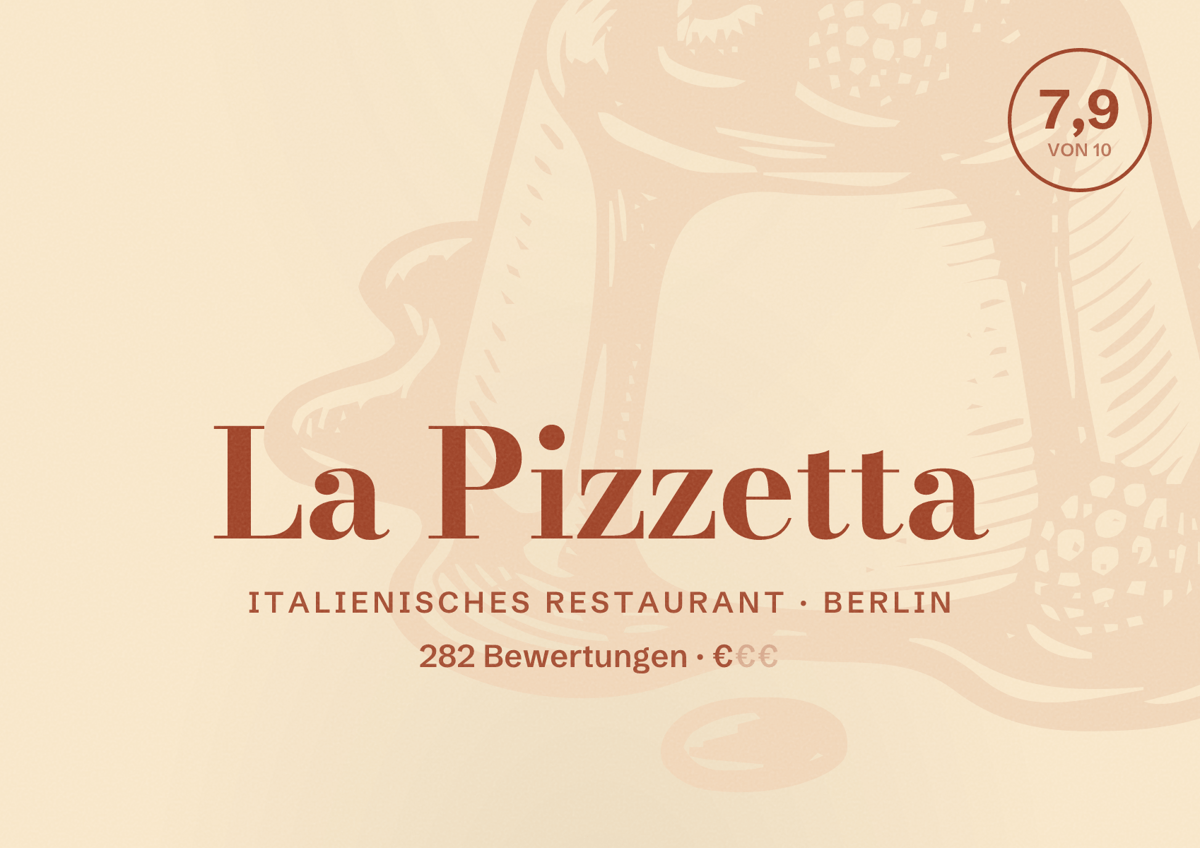Illustriertes Poster von La Pizzetta, Italienisches Restaurant in Berlin: Bewertung 7,9 von 10 aus 282 Bewertungen, Preisniveau €