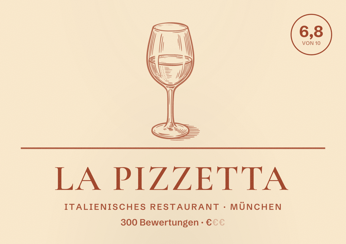 Illustriertes Poster von La Pizzetta, Italienisches Restaurant in München: Bewertung 6,8 von 10 aus 300 Bewertungen, Preisniveau €