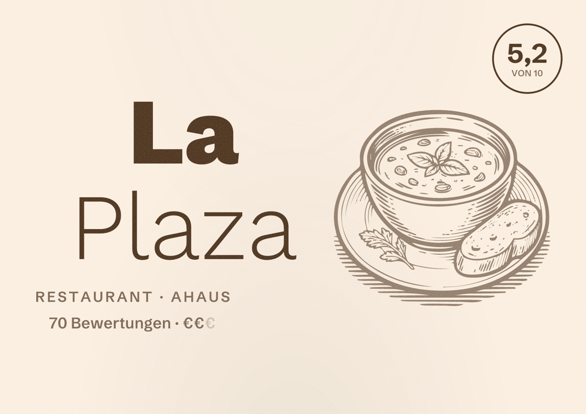 Illustriertes Poster von La Plaza, Restaurant in Ahaus: Bewertung 5,2 von 10 aus 70 Bewertungen, Preisniveau €€