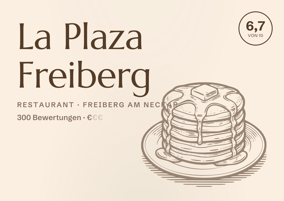 Illustriertes Poster von La Plaza Freiberg, Restaurant in Freiberg am Neckar: Bewertung 6,7 von 10 aus 300 Bewertungen, Preisniveau €