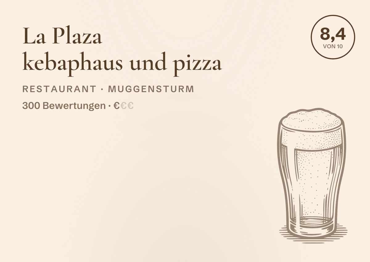 Illustriertes Poster von La Plaza kebaphaus und pizza, Restaurant in Muggensturm: Bewertung 8,4 von 10 aus 300 Bewertungen, Preisniveau €