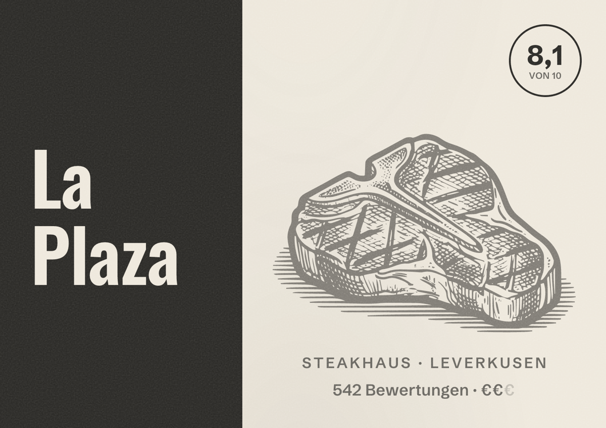Illustriertes Poster von La Plaza, Steakhaus in Leverkusen: Bewertung 8,1 von 10 aus 542 Bewertungen, Preisniveau €€