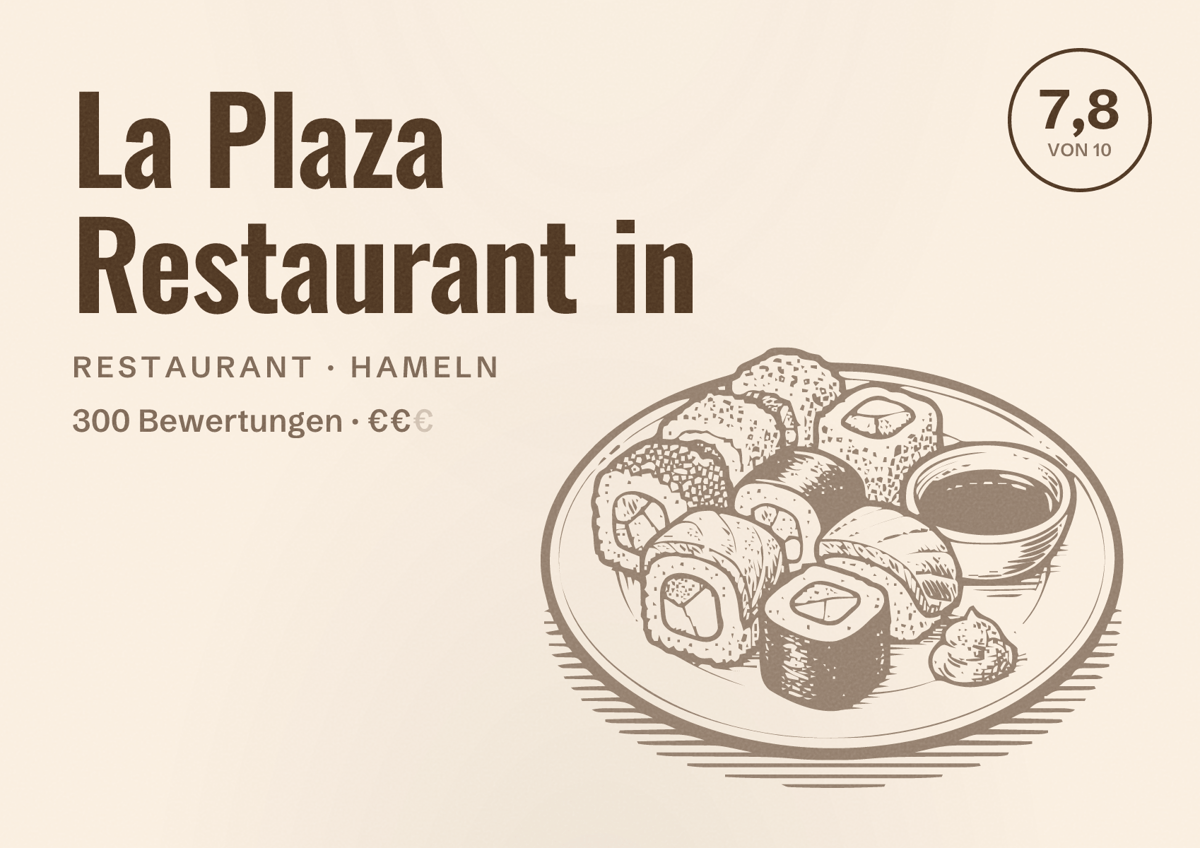 Illustriertes Poster von La Plaza Restaurant in, Restaurant in Hameln: Bewertung 7,8 von 10 aus 300 Bewertungen, Preisniveau €€