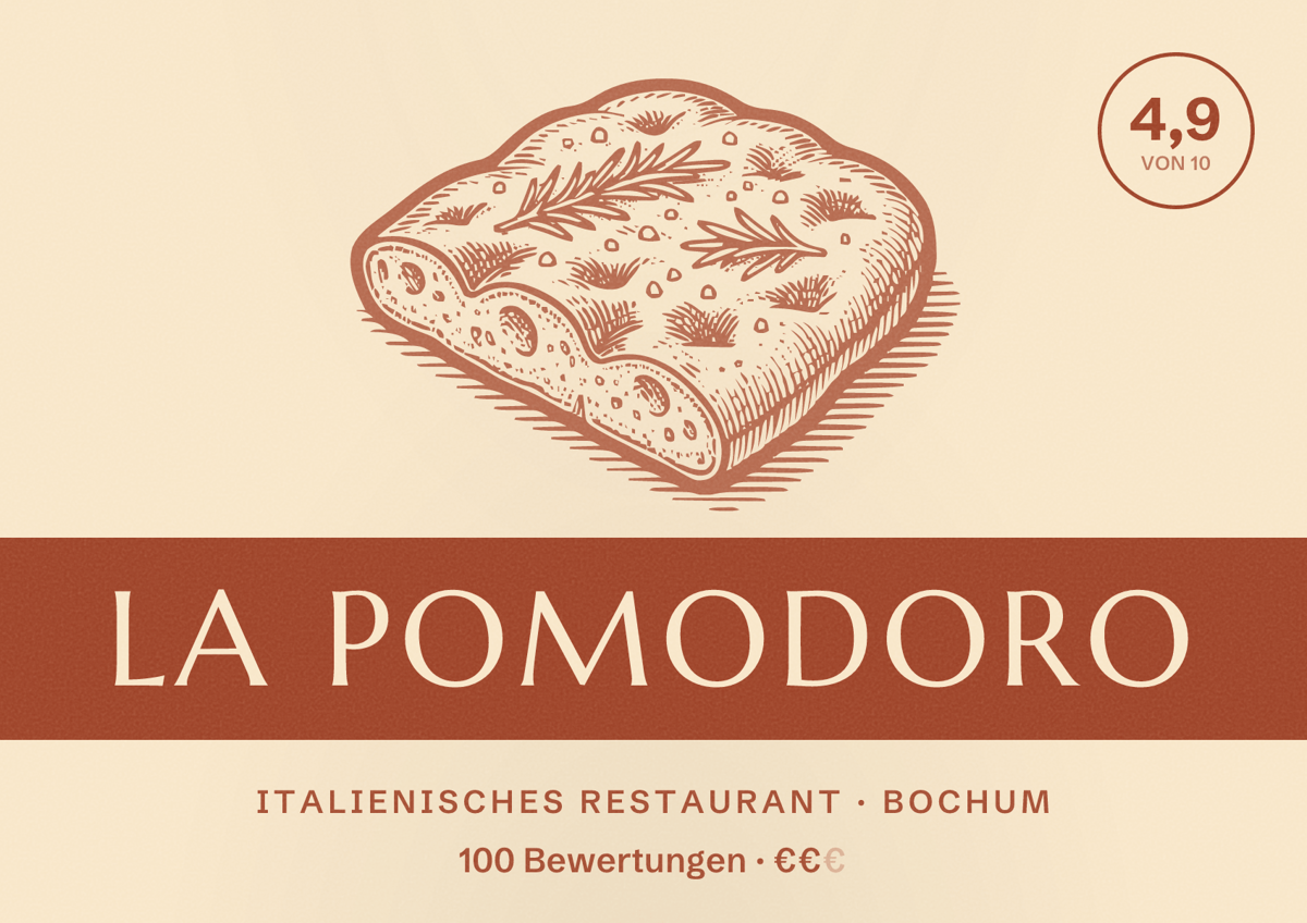 Illustriertes Poster von La Pomodoro, Italienisches Restaurant in Bochum: Bewertung 4,9 von 10 aus 100 Bewertungen, Preisniveau €€