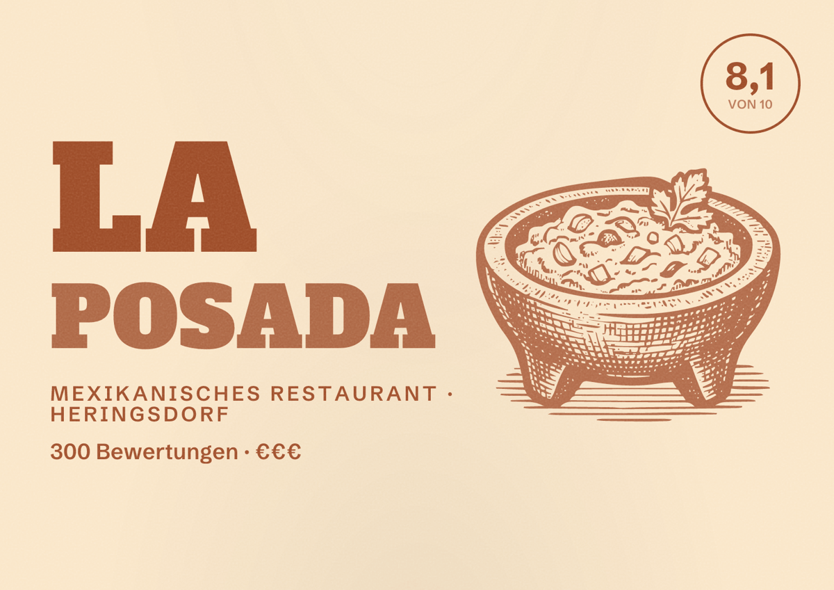 Illustriertes Poster von La Posada, Mexikanisches Restaurant in Heringsdorf: Bewertung 8,1 von 10 aus 300 Bewertungen, Preisniveau €€€