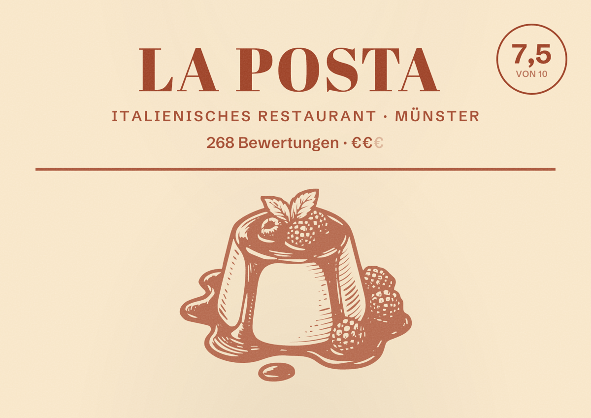 Illustriertes Poster von La Posta, Italienisches Restaurant in Münster: Bewertung 7,5 von 10 aus 268 Bewertungen, Preisniveau €€