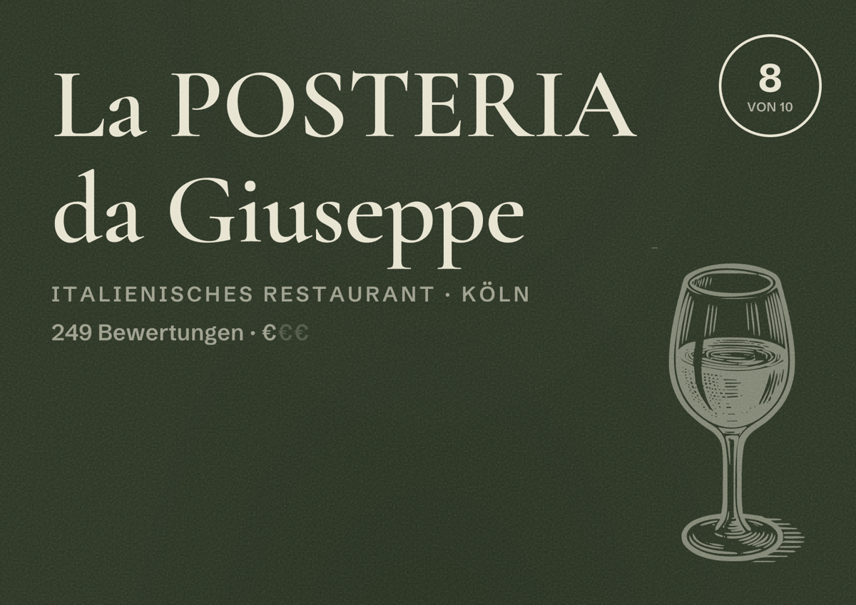 Illustriertes Poster von La POSTERIA da Giuseppe, Italienisches Restaurant in Köln: Bewertung 8,0 von 10 aus 249 Bewertungen, Preisniveau €