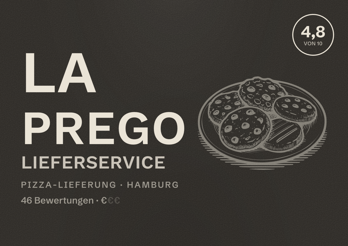 Illustriertes Poster von La Prego Lieferservice, Pizza-Lieferung in Hamburg: Bewertung 4,8 von 10 aus 46 Bewertungen, Preisniveau €