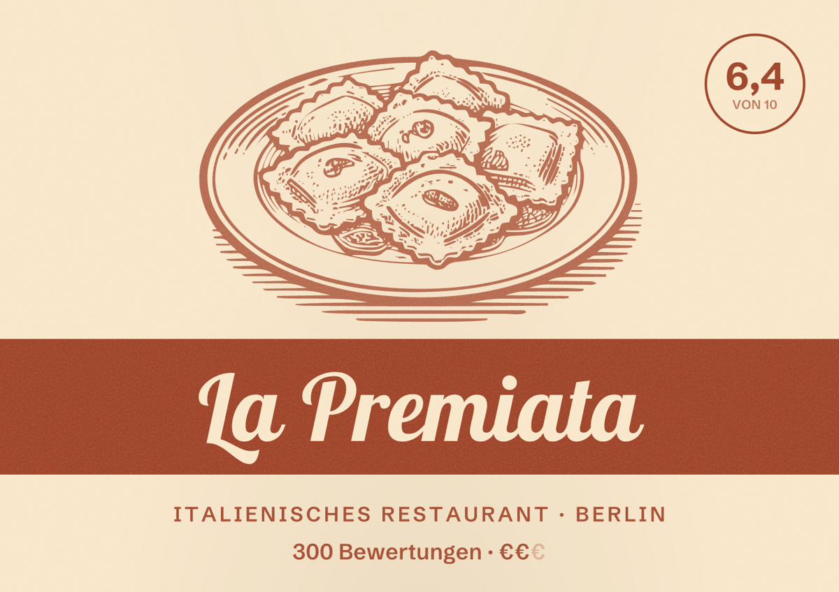 Illustriertes Poster von La Premiata, Italienisches Restaurant in Berlin: Bewertung 6,4 von 10 aus 300 Bewertungen, Preisniveau €€