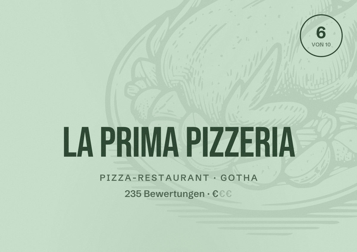 Illustriertes Poster von La Prima Pizzeria, Pizza-Restaurant in Gotha: Bewertung 6 von 10 aus 235 Bewertungen, Preisniveau €