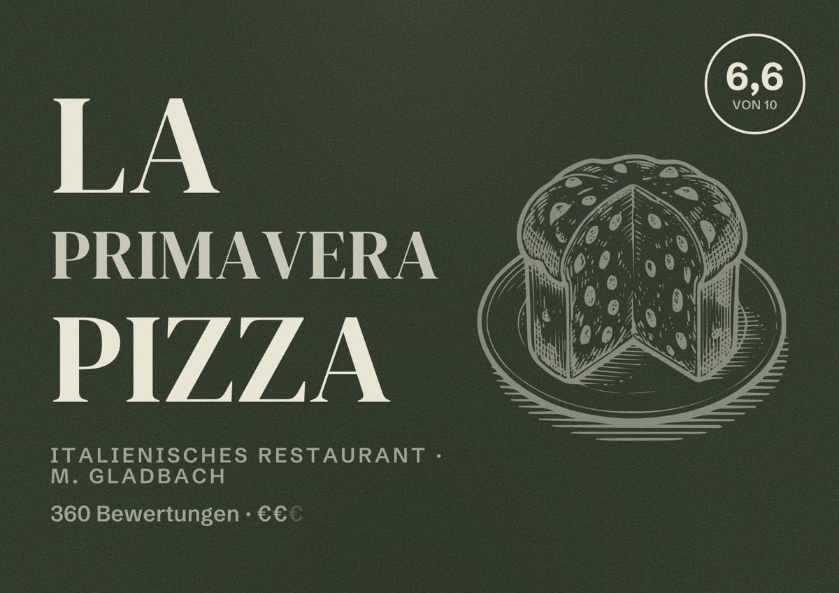 Illustriertes Poster von La Primavera Pizza, Italienisches Restaurant in M. Gladbach: Bewertung 6,6 von 10 aus 360 Bewertungen, Preisniveau €€