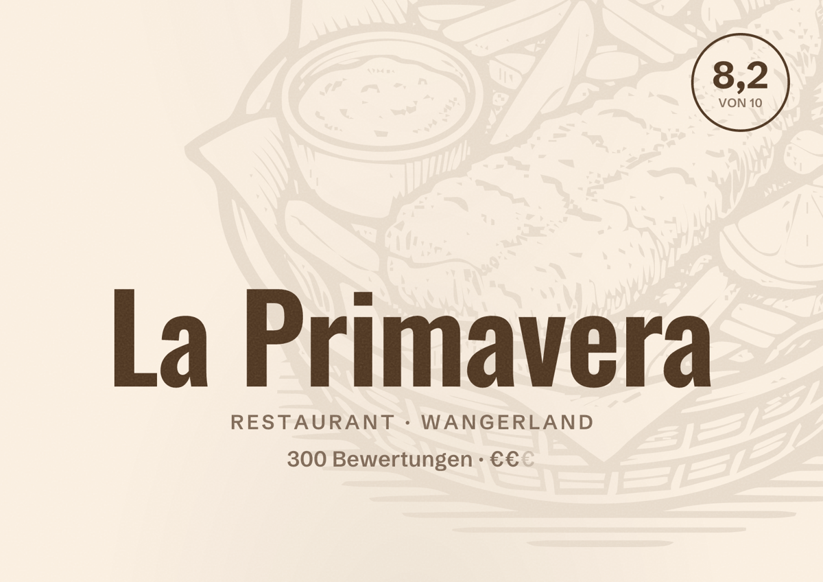 Illustriertes Poster von La Primavera, Restaurant in Wangerland: Bewertung 8,2 von 10 aus 300 Bewertungen, Preisniveau €€