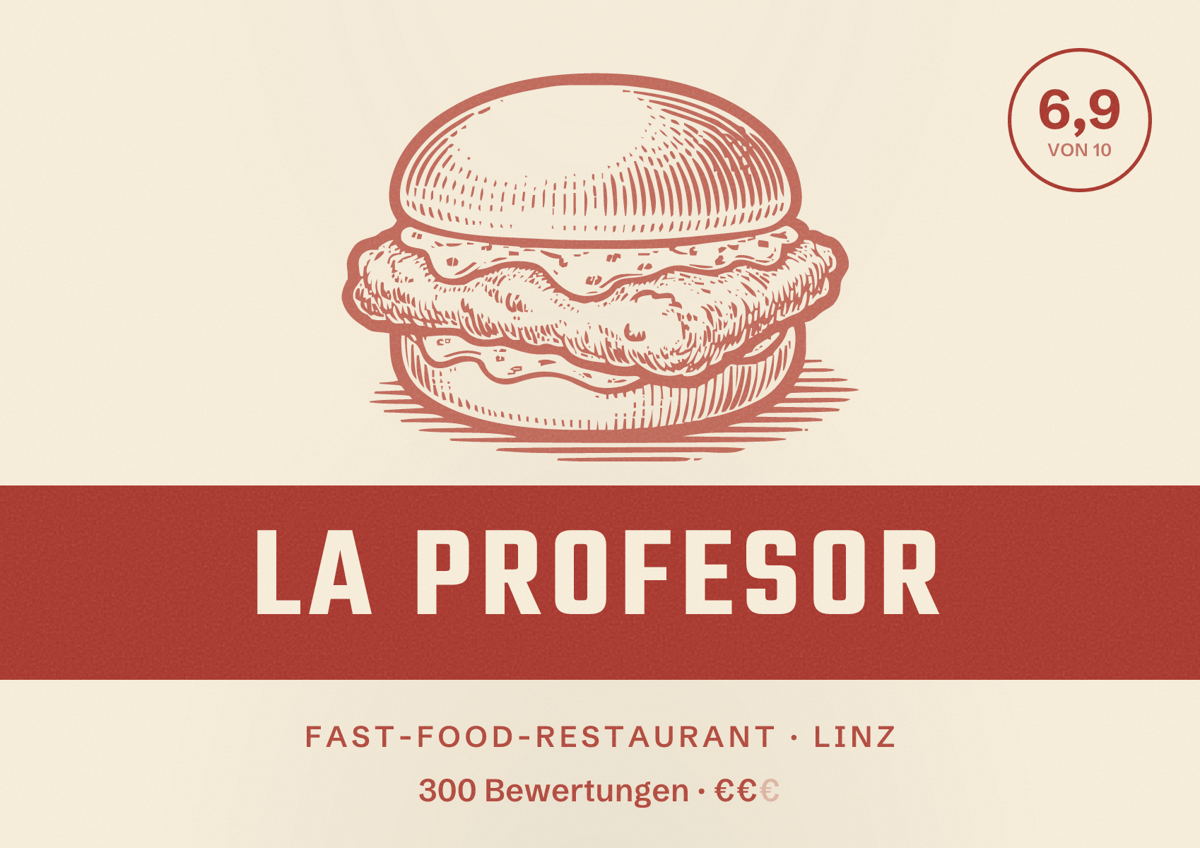 Illustriertes Poster von La Profesor, Fast-Food-Restaurant in Linz: Bewertung 6,9 von 10 aus 300 Bewertungen, Preisniveau €€