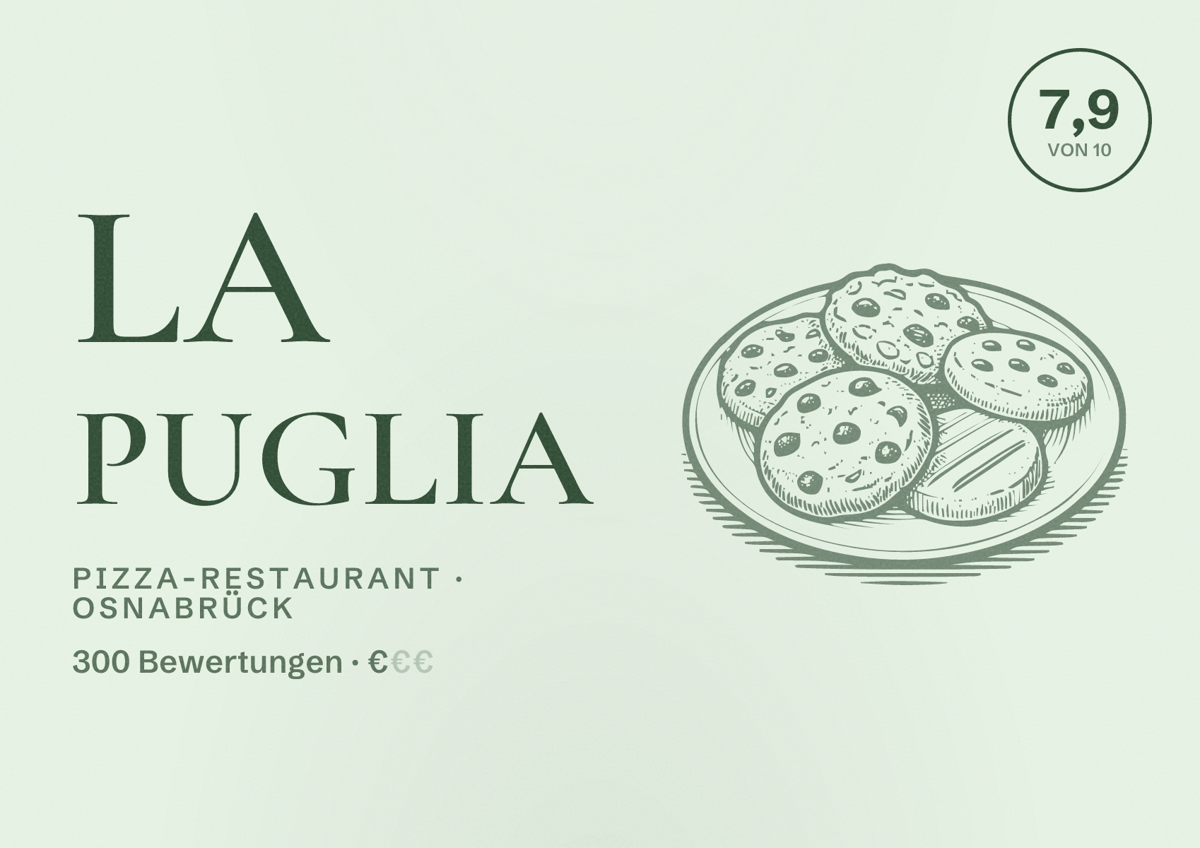 Illustriertes Poster von La Puglia, Pizza-Restaurant in Osnabrück: Bewertung 7,9 von 10 aus 300 Bewertungen, Preisniveau €