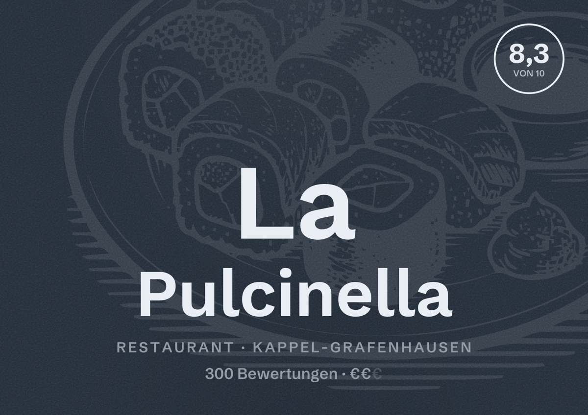 Illustriertes Poster von La Pulcinella, Restaurant in Kappel-Grafenhausen: Bewertung 8,3 von 10 aus 300 Bewertungen, Preisniveau €€