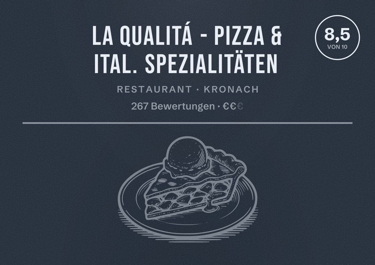 Illustriertes Poster von La qualitá - Pizza & ital. Spezialitäten, Restaurant in Kronach: Bewertung 8,5 von 10 aus 267 Bewertungen, Preisniveau €€