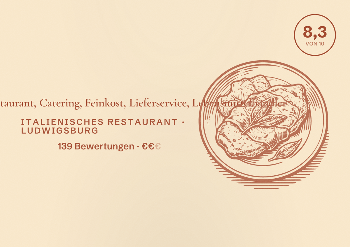 Illustriertes Poster von La Qualita Restaurant, Catering, Feinkost, Lieferservice, Lebensmittelhändler, Italienisches Restaurant in Ludwigsburg: Bewertung 8,3 von 10 aus 139 Bewertungen, Preisniveau €€