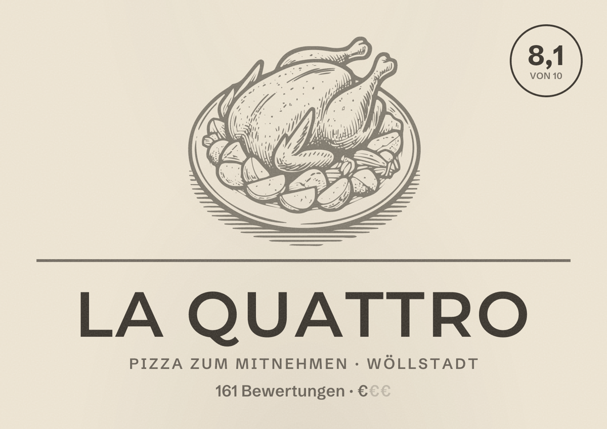Illustriertes Poster von La Quattro, Pizza zum Mitnehmen in Wöllstadt: Bewertung 8,1 von 10 aus 161 Bewertungen, Preisniveau €