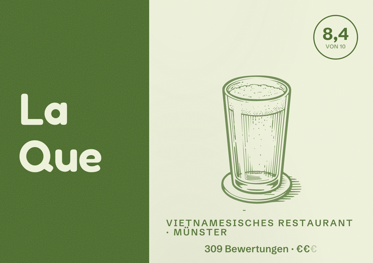 Illustriertes Poster von La Que, Vietnamesisches Restaurant in Münster: Bewertung 8,4 von 10 aus 309 Bewertungen, Preisniveau €€