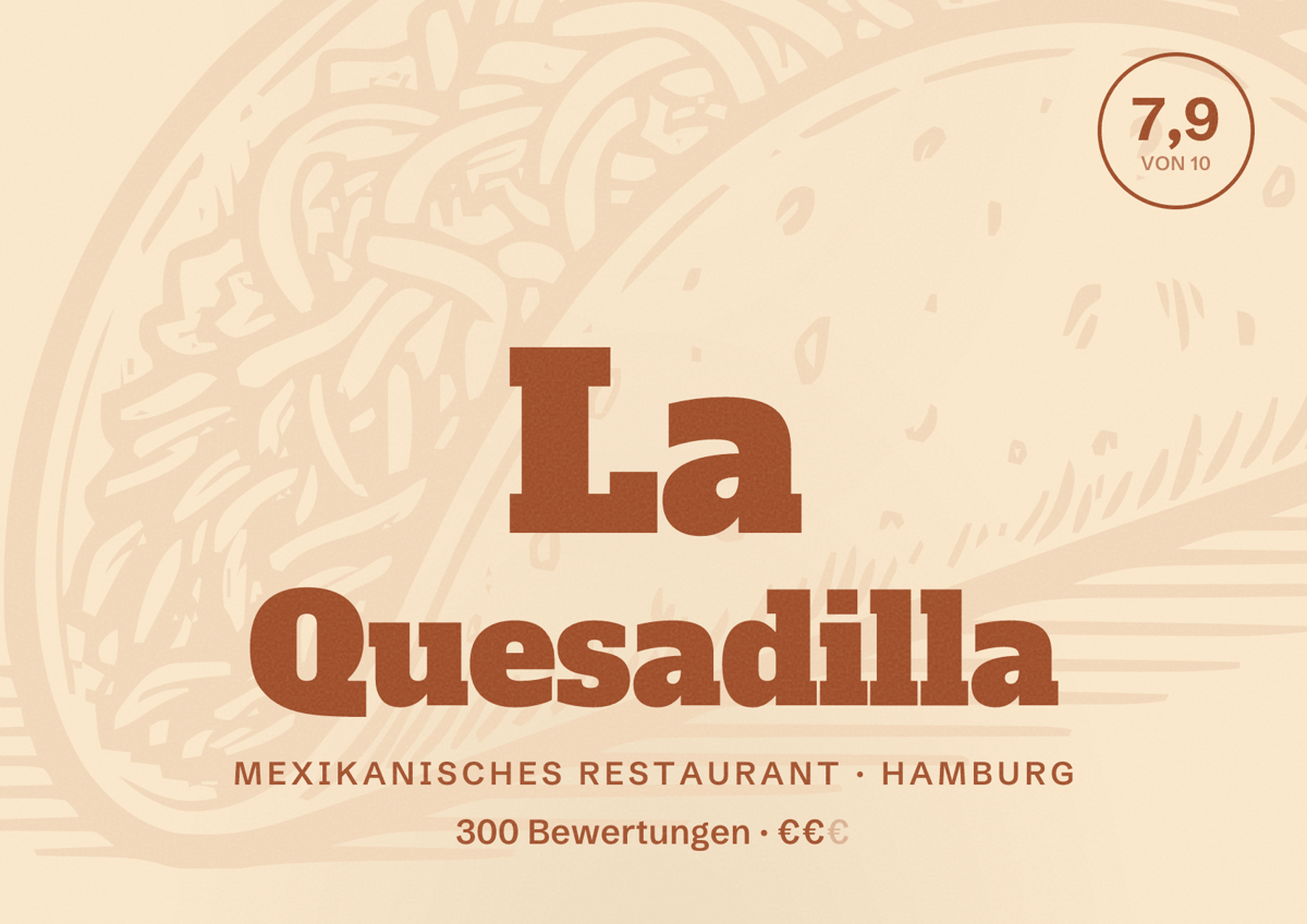 Illustriertes Poster von La Quesadilla, Mexikanisches Restaurant in Hamburg: Bewertung 7,9 von 10 aus 300 Bewertungen, Preisniveau €€