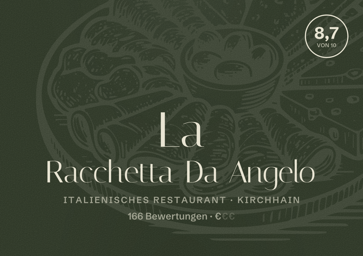Illustriertes Poster von La Racchetta Da Angelo, Italienisches Restaurant in Kirchhain: Bewertung 8,7 von 10 aus 166 Bewertungen, Preisniveau €