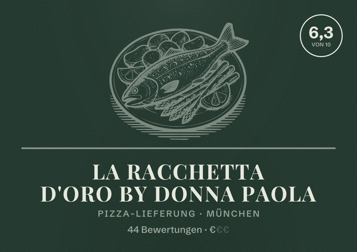 Illustriertes Poster von La Racchetta D'oro by Donna Paola, Pizza-Lieferung in München: Bewertung 6,3 von 10 aus 44 Bewertungen, Preisniveau €
