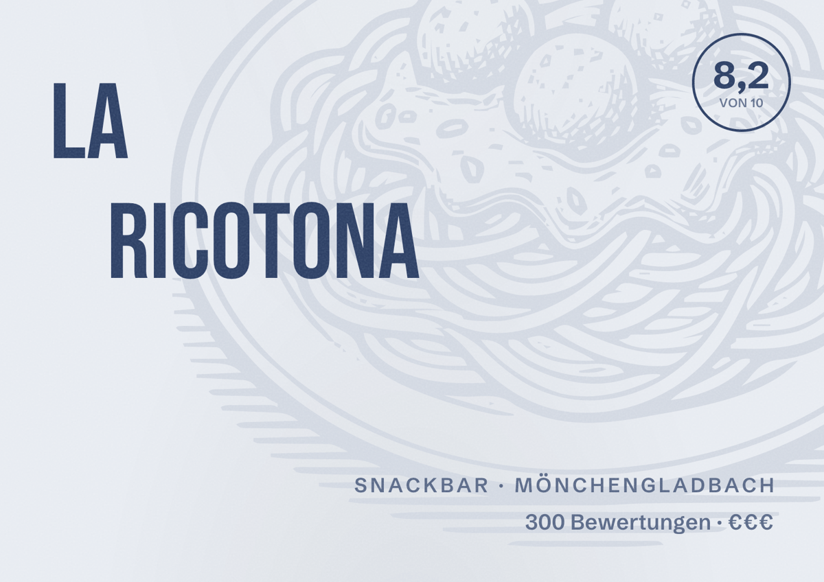 Illustriertes Poster von La Ricotona, Snackbar in Mönchengladbach: Bewertung 8,2 von 10 aus 300 Bewertungen, Preisniveau €€€
