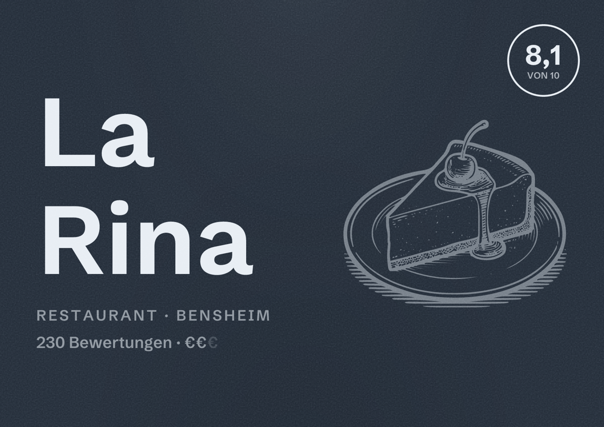 Illustriertes Poster von La Rina, Restaurant in Bensheim: Bewertung 8,1 von 10 aus 230 Bewertungen, Preisniveau €€