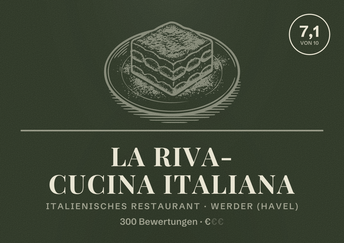 Illustriertes Poster von La Riva- Cucina Italiana, Italienisches Restaurant in Werder (Havel): Bewertung 7,1 von 10 aus 300 Bewertungen, Preisniveau €