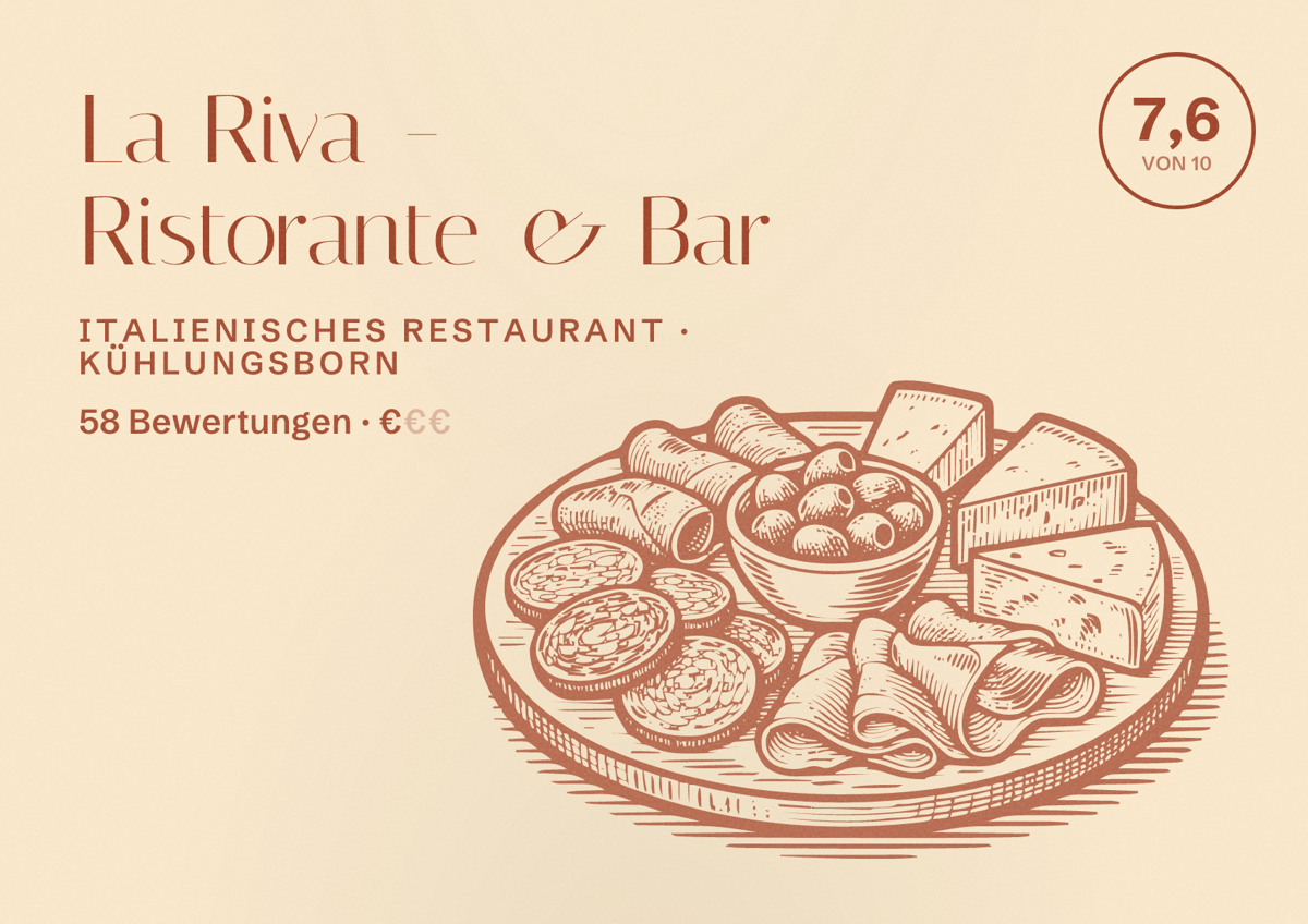 Illustriertes Poster von La Riva - Ristorante & Bar, Italienisches Restaurant in Kühlungsborn: Bewertung 7,6 von 10 aus 58 Bewertungen, Preisniveau €