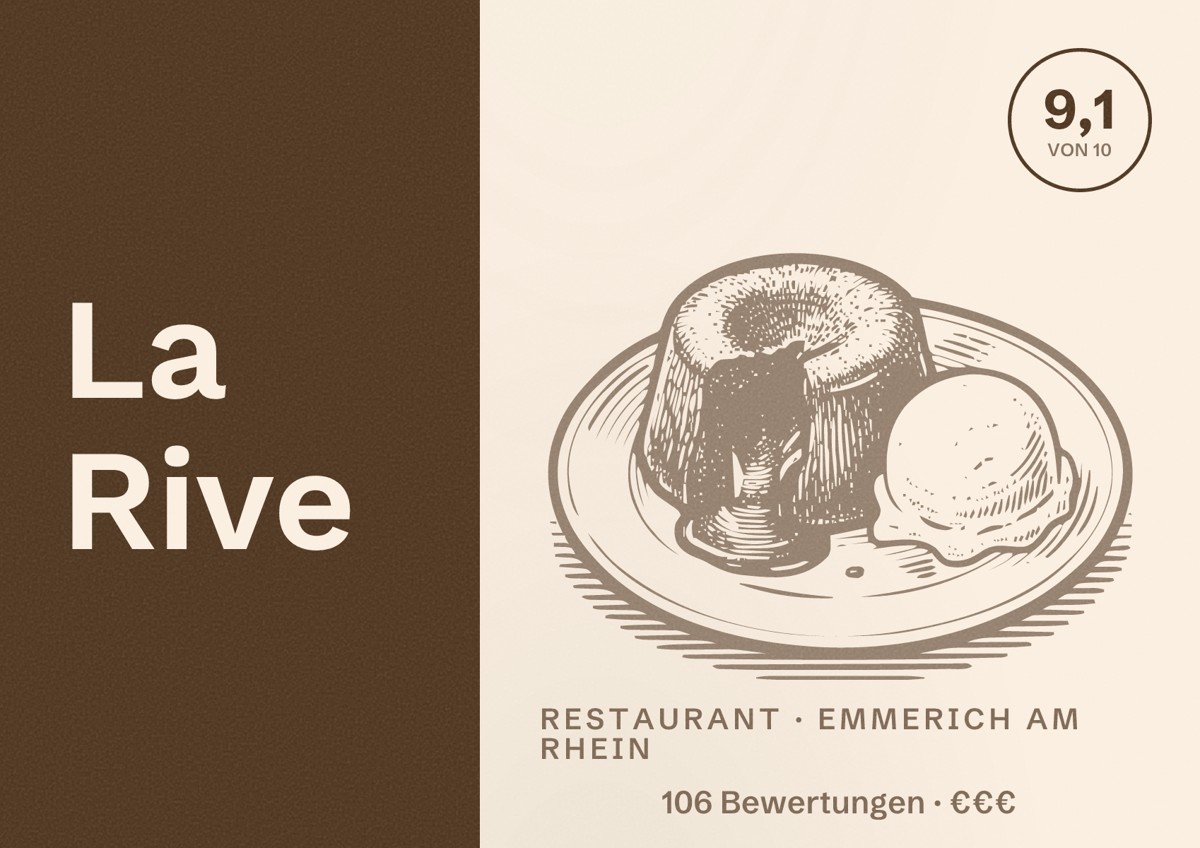 Illustriertes Poster von La Rive, Restaurant in Emmerich am Rhein: Bewertung 9,1 von 10 aus 106 Bewertungen, Preisniveau €€€