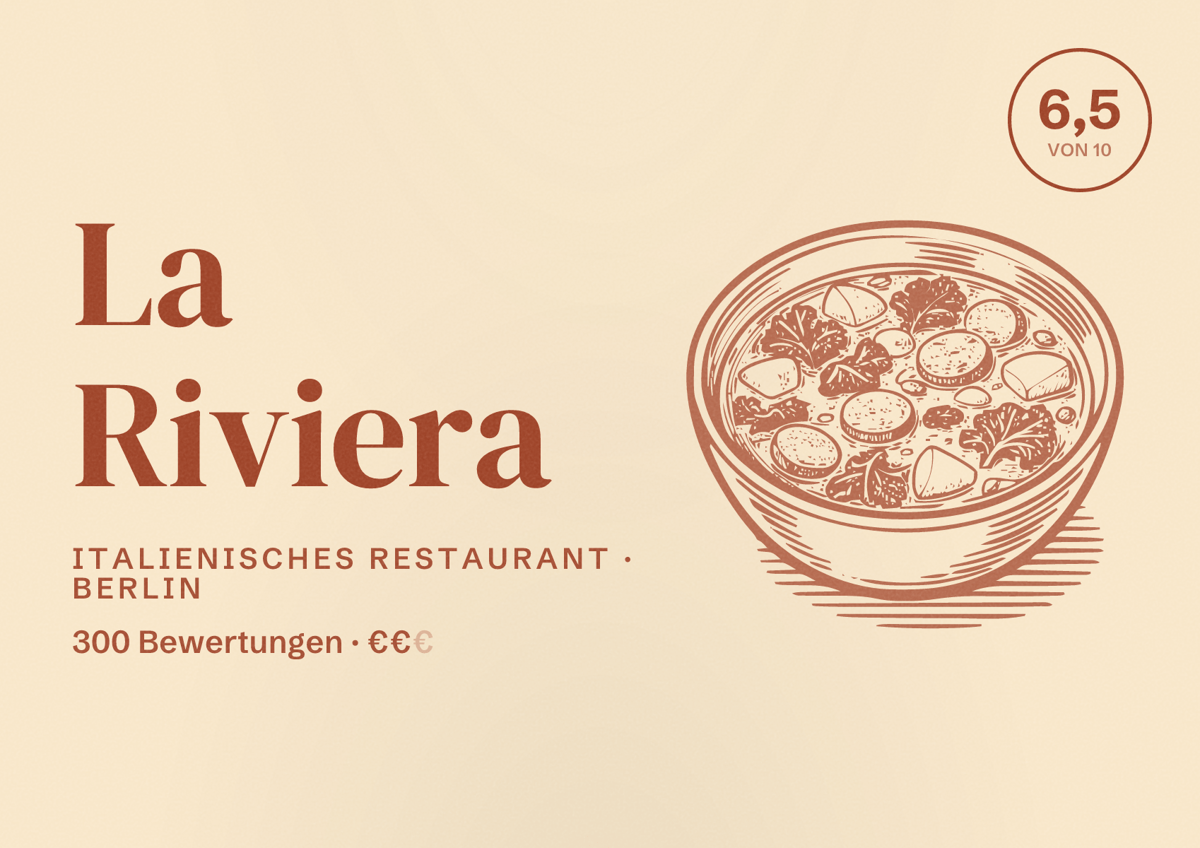 Illustriertes Poster von La Riviera, Italienisches Restaurant in Berlin: Bewertung 6,5 von 10 aus 300 Bewertungen, Preisniveau €€