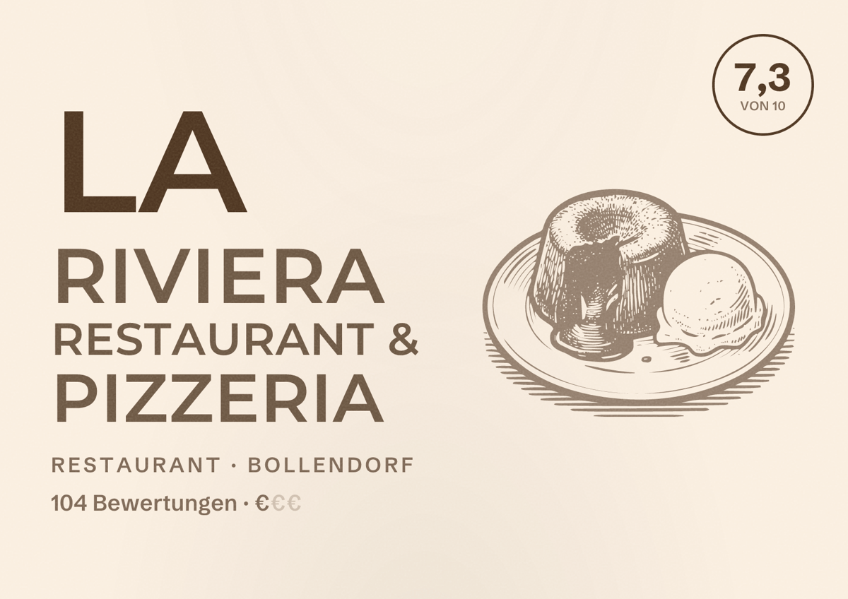 Illustriertes Poster von La Riviera Restaurant & Pizzeria, Restaurant in Bollendorf: Bewertung 7,3 von 10 aus 104 Bewertungen, Preisniveau €