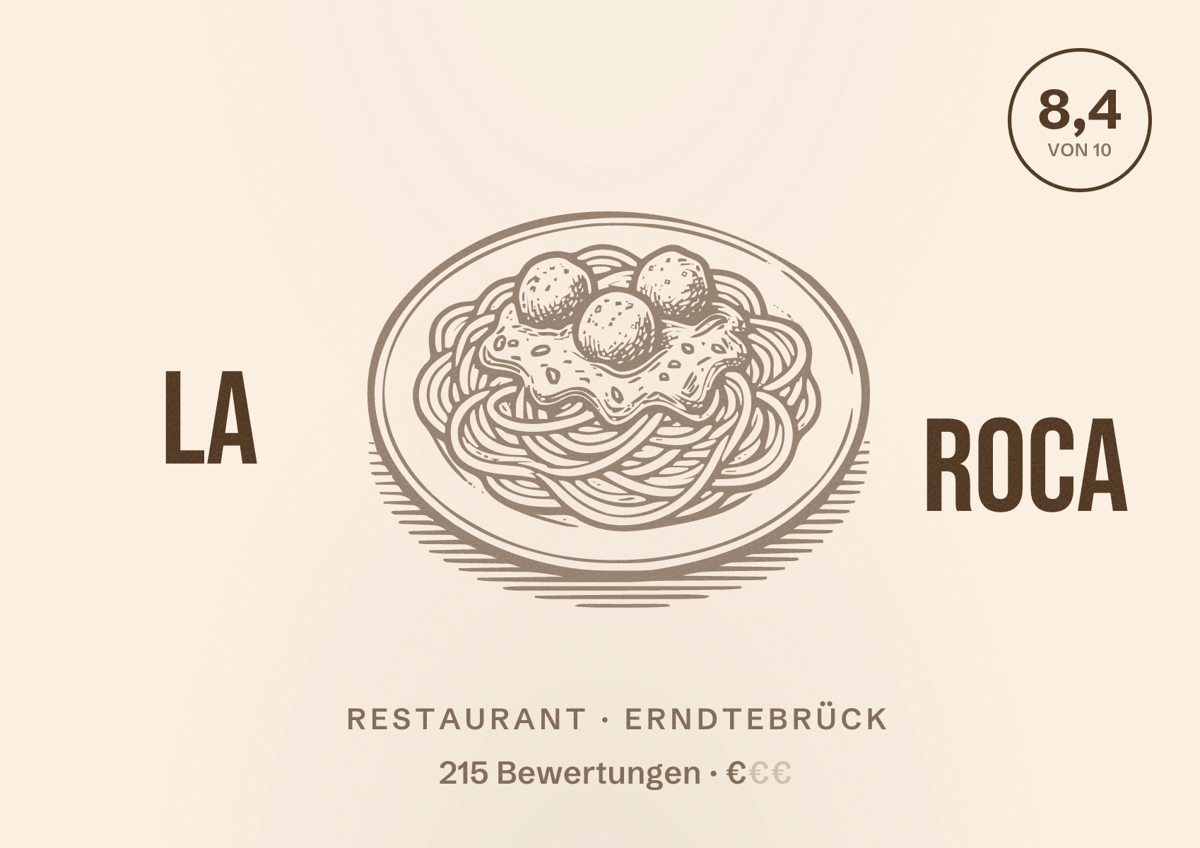 Illustriertes Poster von La Roca, Restaurant in Erndtebrück: Bewertung 8,4 von 10 aus 215 Bewertungen, Preisniveau €