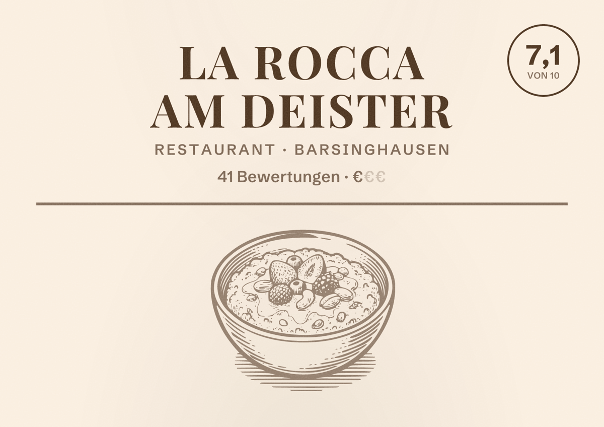 Illustriertes Poster von La Rocca am Deister, Restaurant in Barsinghausen: Bewertung 7,1 von 10 aus 41 Bewertungen, Preisniveau €