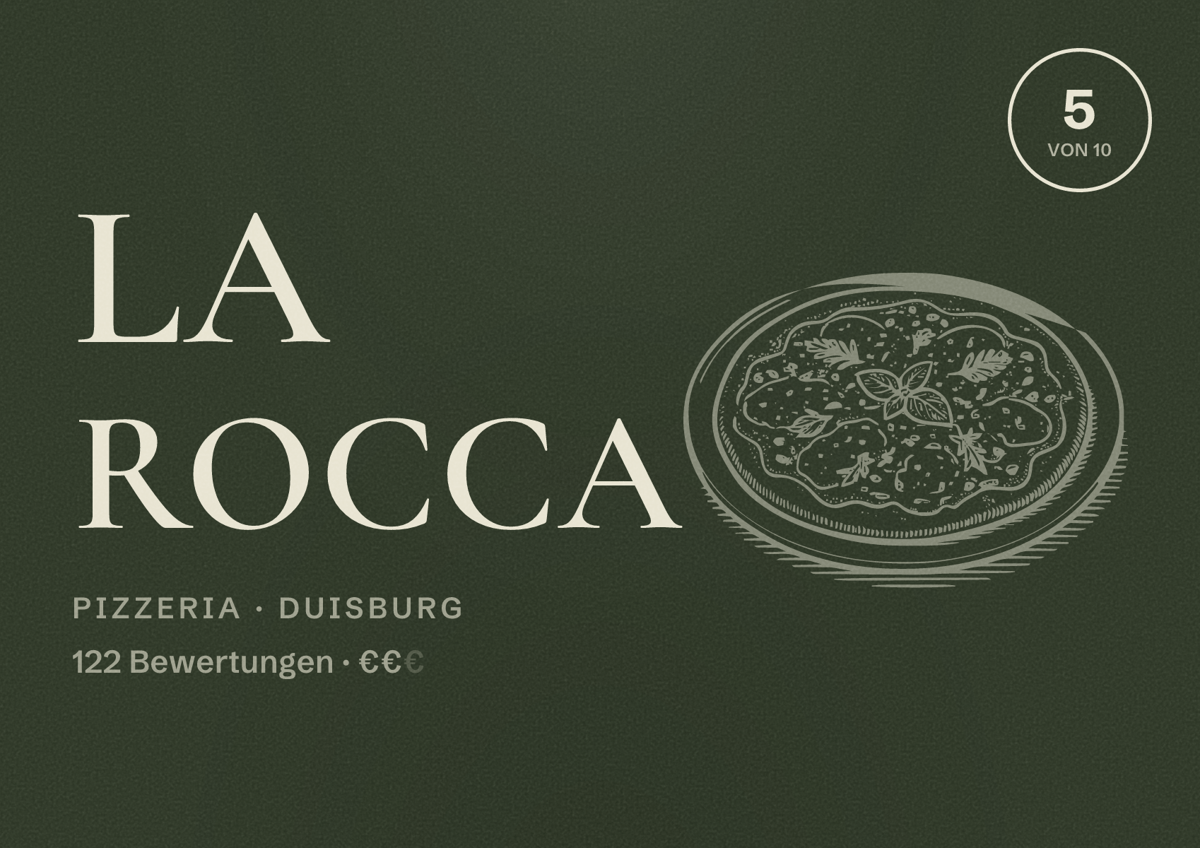 Illustriertes Poster von La Rocca, Pizzeria in Duisburg: Bewertung 5 von 10 aus 122 Bewertungen, Preisniveau €€