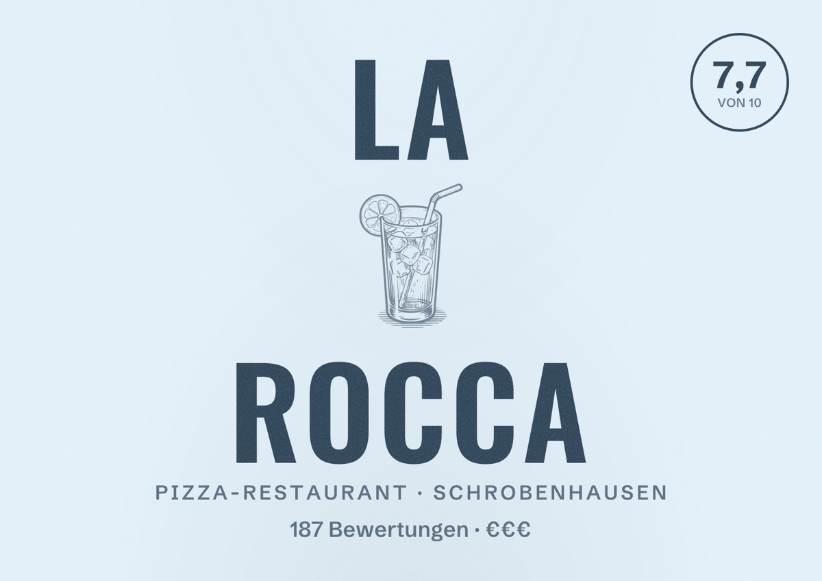 Illustriertes Poster von La Rocca, Pizza-Restaurant in Schrobenhausen: Bewertung 7,7 von 10 aus 187 Bewertungen, Preisniveau €€€