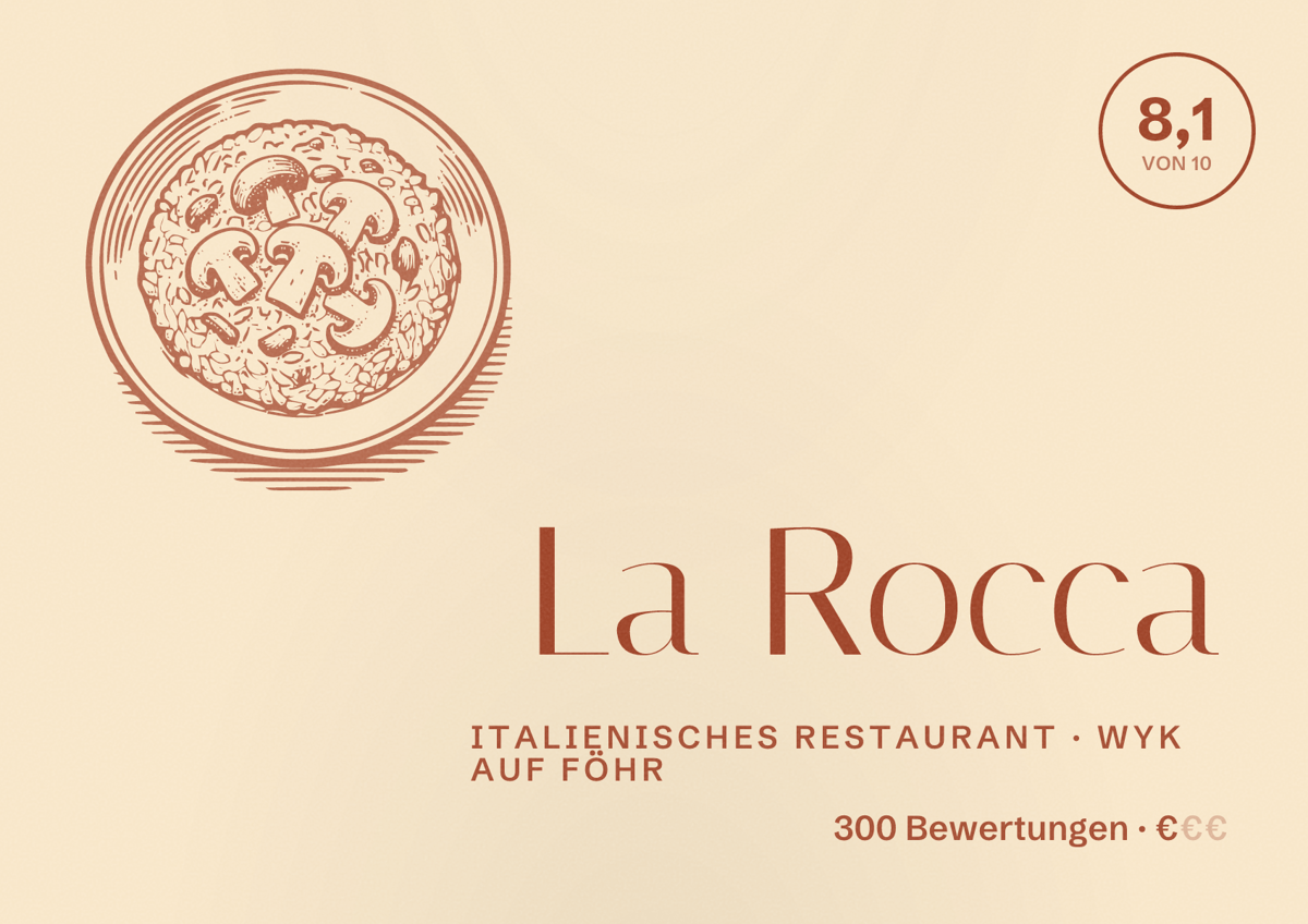 Illustriertes Poster von La Rocca, Italienisches Restaurant in Wyk auf Föhr: Bewertung 8,1 von 10 aus 300 Bewertungen, Preisniveau €