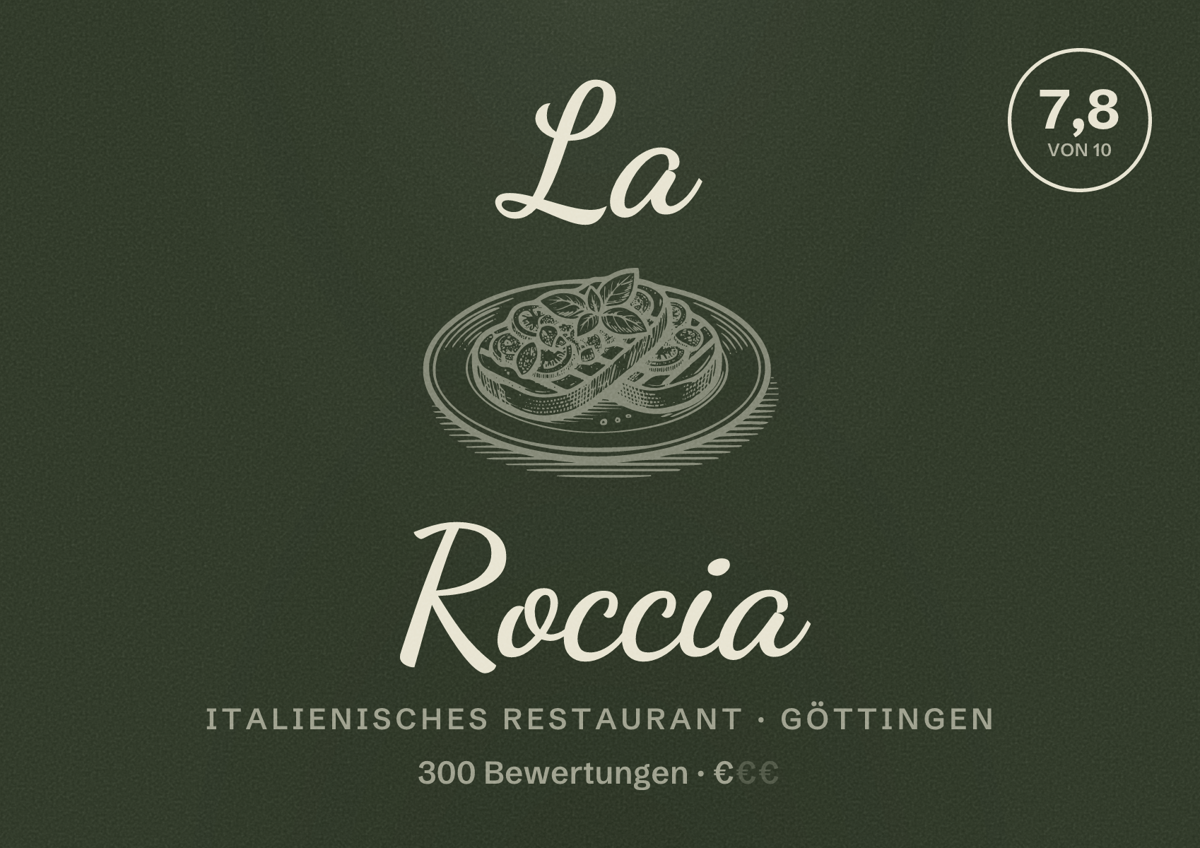 Illustriertes Poster von La Roccia, Italienisches Restaurant in Göttingen: Bewertung 7,8 von 10 aus 300 Bewertungen, Preisniveau €