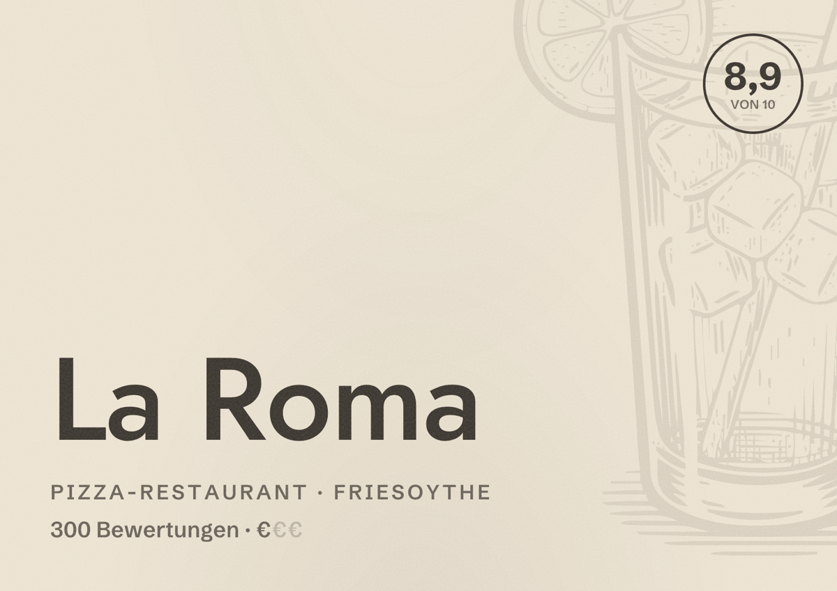 Illustriertes Poster von La Roma, Pizza-Restaurant in Friesoythe: Bewertung 8,9 von 10 aus 300 Bewertungen, Preisniveau €