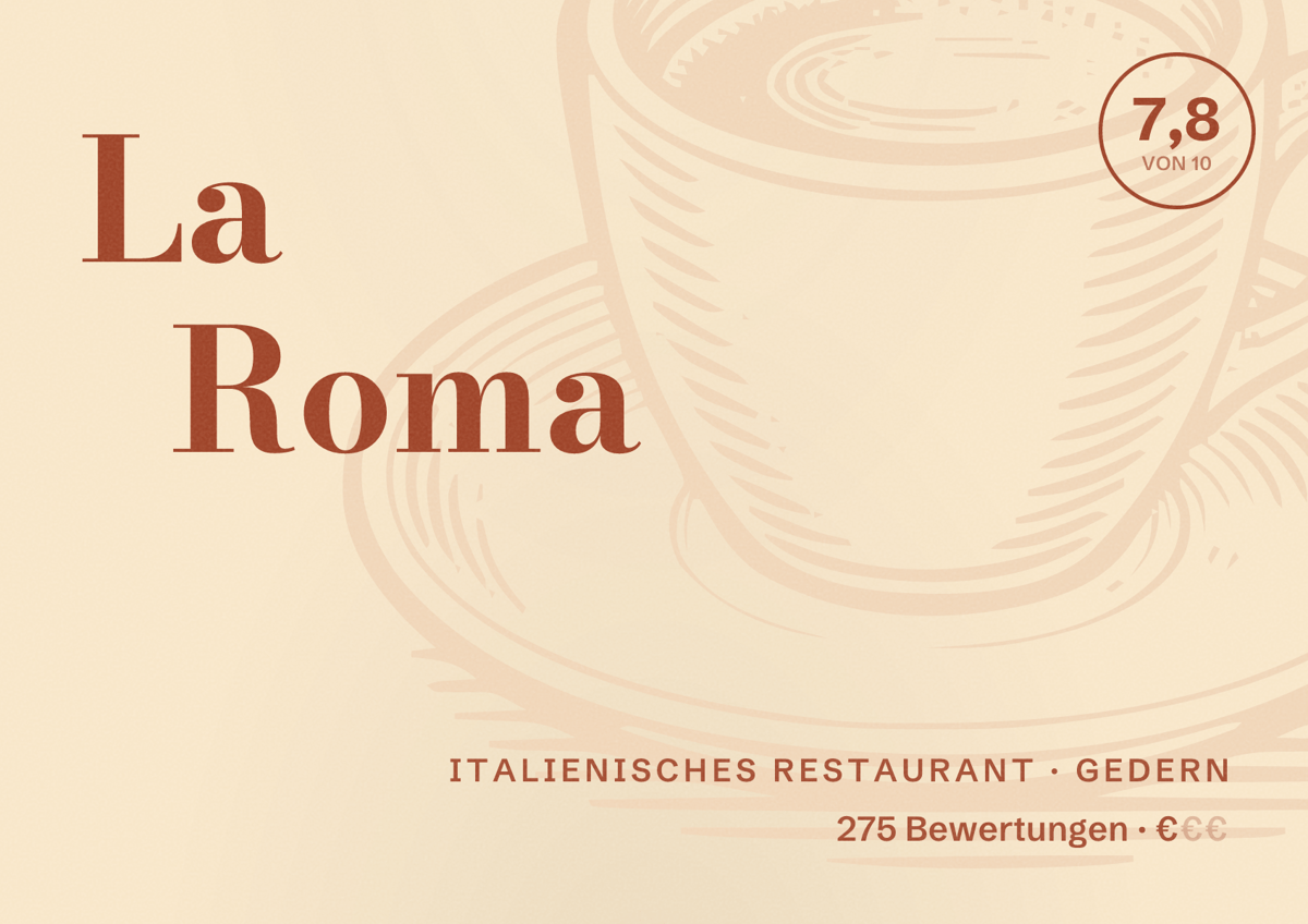 Illustriertes Poster von La Roma, Italienisches Restaurant in Gedern: Bewertung 7,8 von 10 aus 275 Bewertungen, Preisniveau €