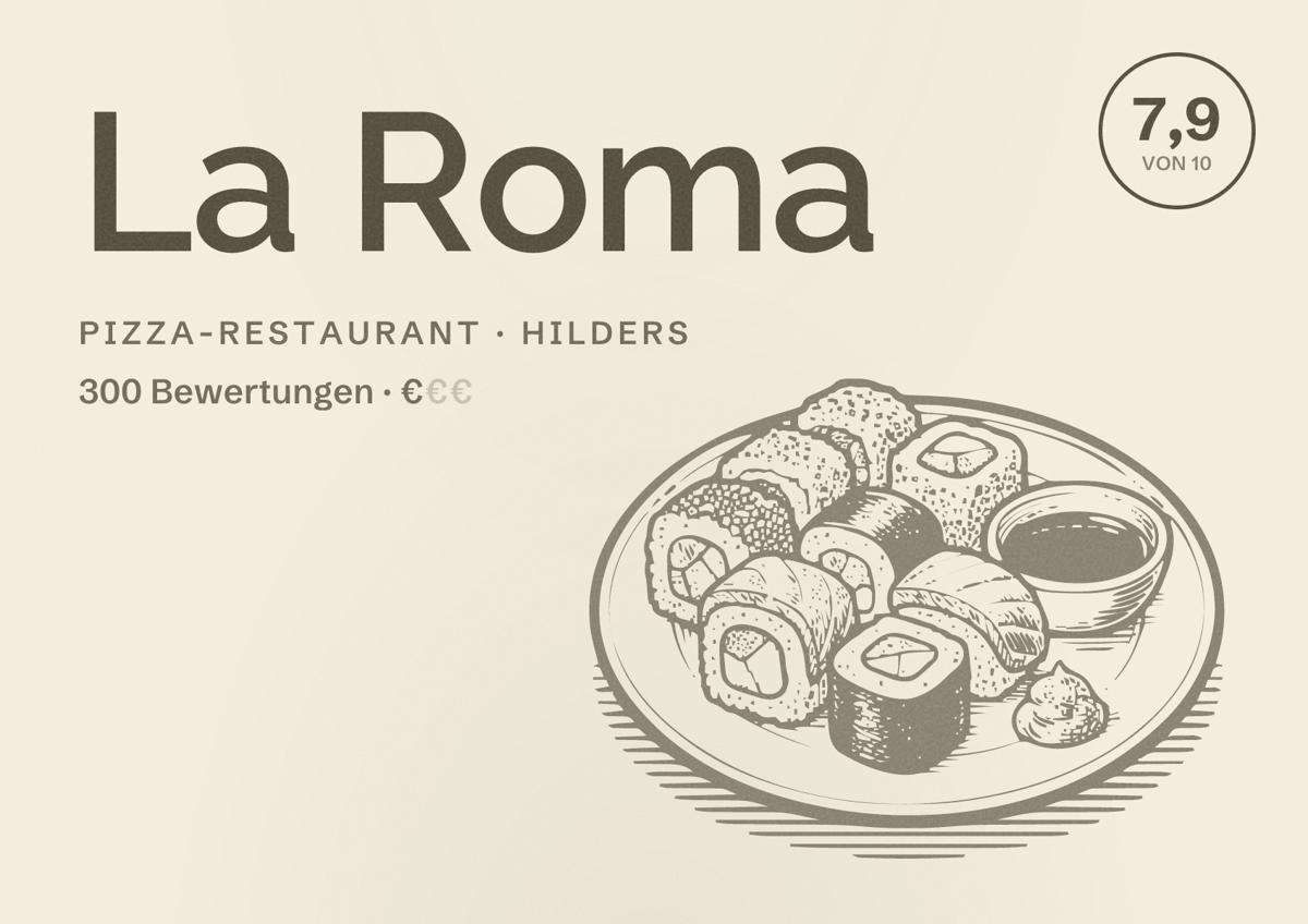 Illustriertes Poster von La Roma, Pizza-Restaurant in Hilders: Bewertung 7,9 von 10 aus 300 Bewertungen, Preisniveau €