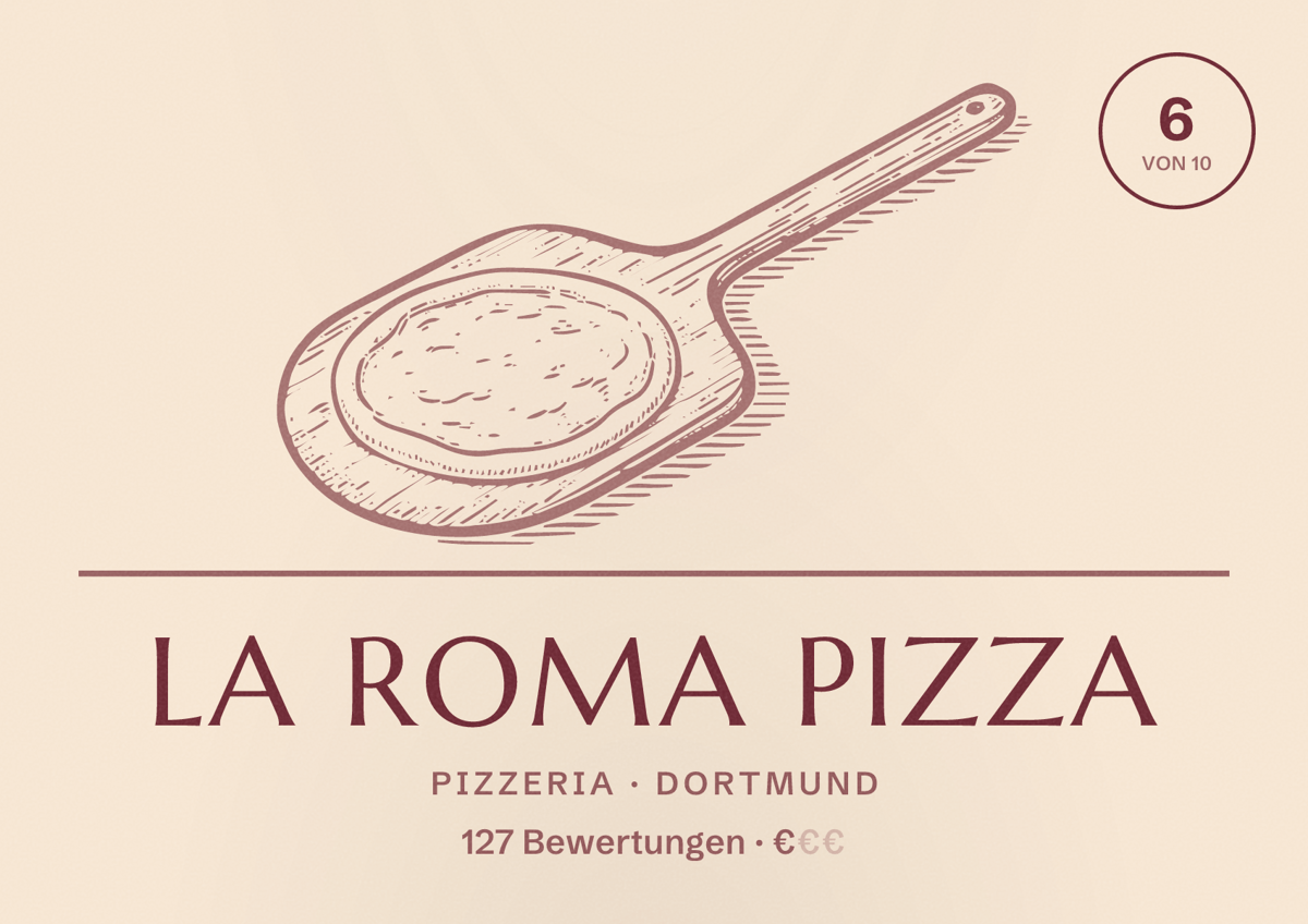 Illustriertes Poster von La Roma Pizza, Pizzeria in Dortmund: Bewertung 6,0 von 10 aus 127 Bewertungen, Preisniveau €