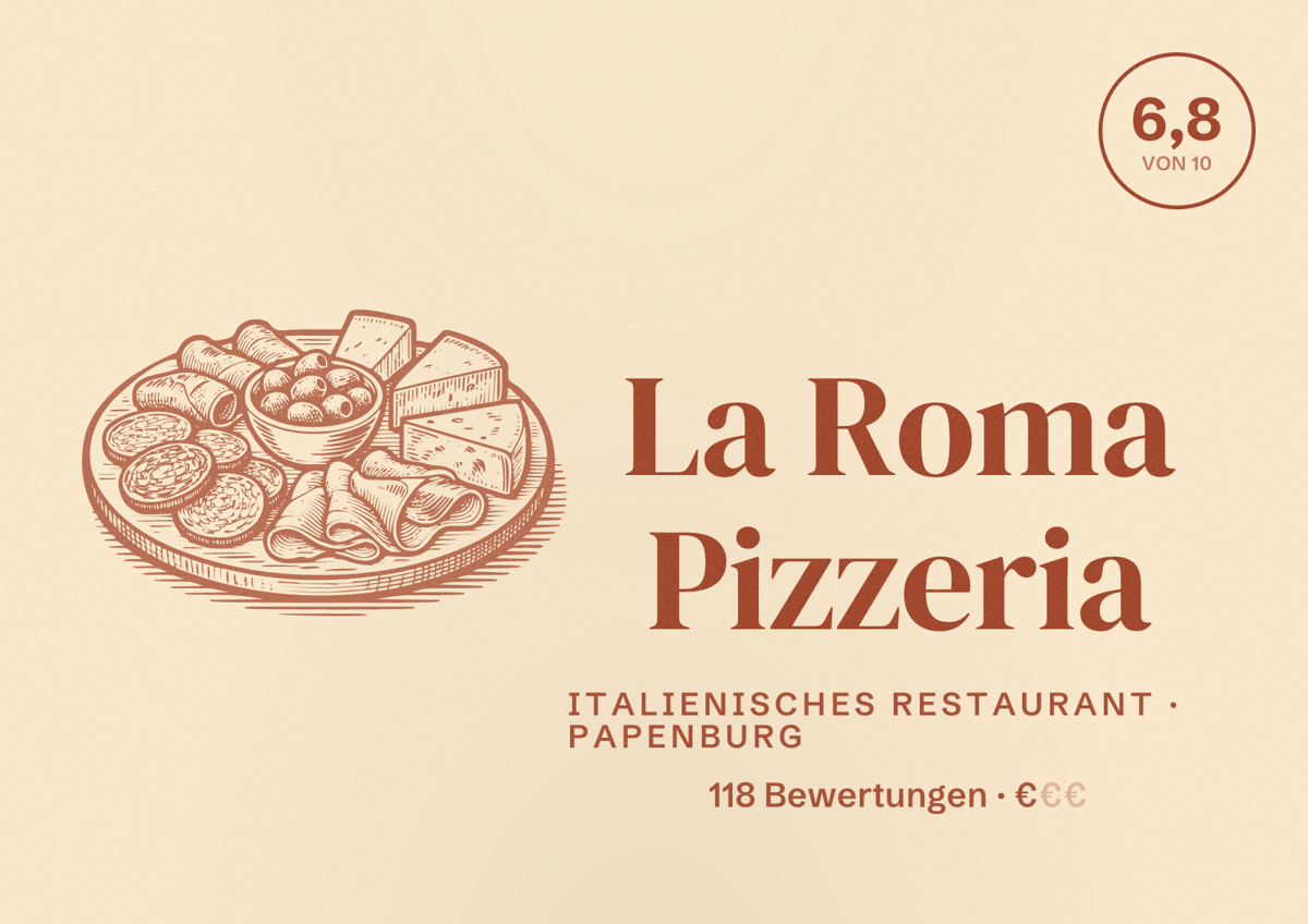 Illustriertes Poster von La Roma Pizzeria, Italienisches Restaurant in Papenburg: Bewertung 6,8 von 10 aus 118 Bewertungen, Preisniveau €