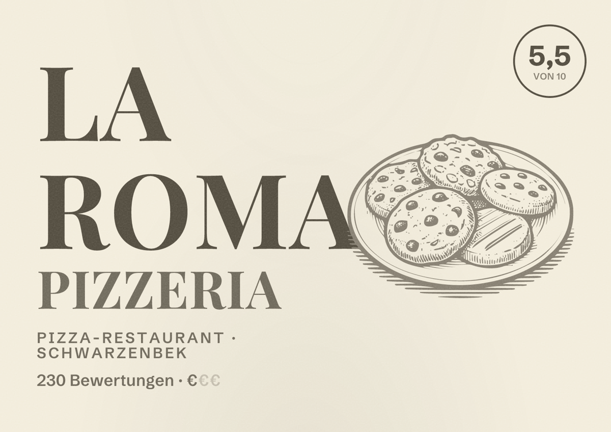 Illustriertes Poster von La Roma Pizzeria, Pizza-Restaurant in Schwarzenbek: Bewertung 5,5 von 10 aus 230 Bewertungen, Preisniveau €