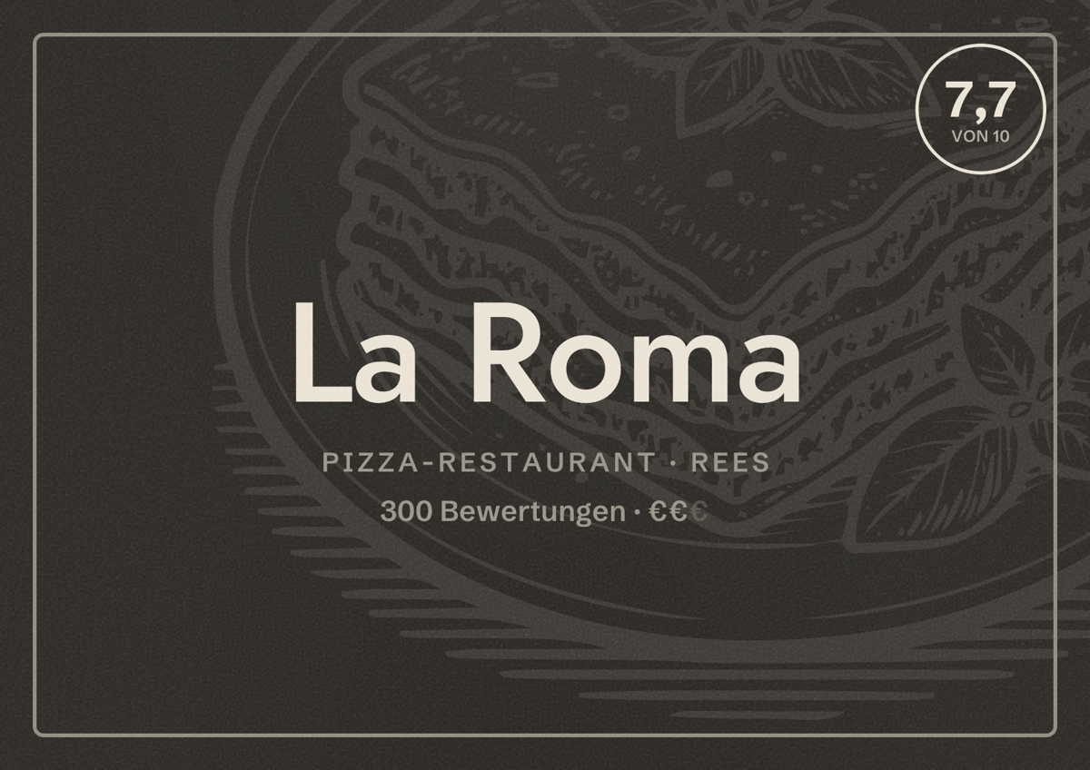 Illustriertes Poster von La Roma, Pizza-Restaurant in Rees: Bewertung 7,7 von 10 aus 300 Bewertungen, Preisniveau €€
